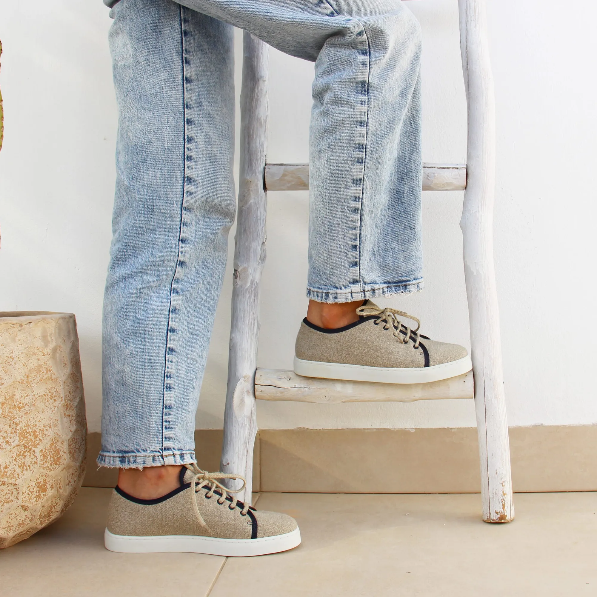 Fashion Baskets en lin beige bleu Femme Dressing Recyclé|Baskets