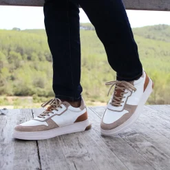 Best Sale Baskets Léo cuir blanc camel Homme Baskets
