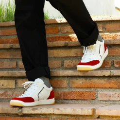 Cheap Baskets rétro homme cuir blanc & rouge Homme Baskets