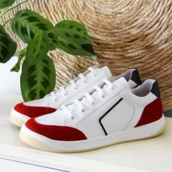 Cheap Baskets rétro homme cuir blanc & rouge Homme Baskets
