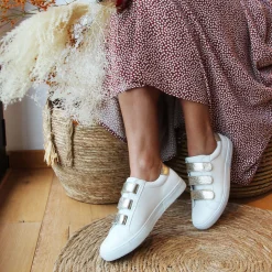 Clearance Baskets scratch cuir blanc doré Femme Baskets