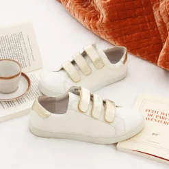 Clearance Baskets scratch cuir blanc doré Femme Baskets