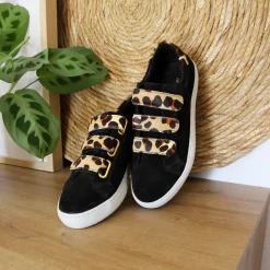Online Baskets scratch cuir daim noir léopard Femme Baskets