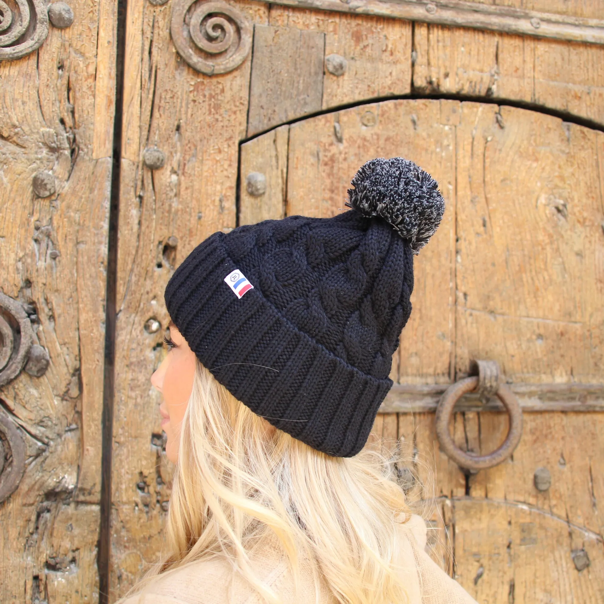 Shop Bonnet pompon laine noir gris Femme Bonnets|Bonnets
