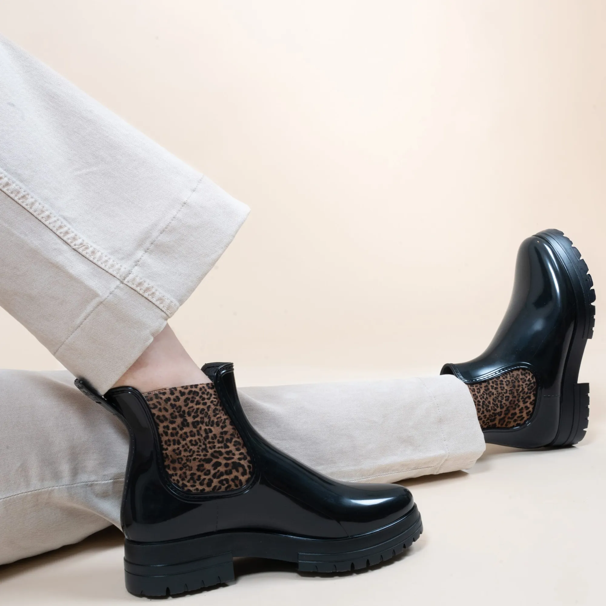 Best Sale Bottines de pluie crantées noir léopard Femme Bottines & Bottes