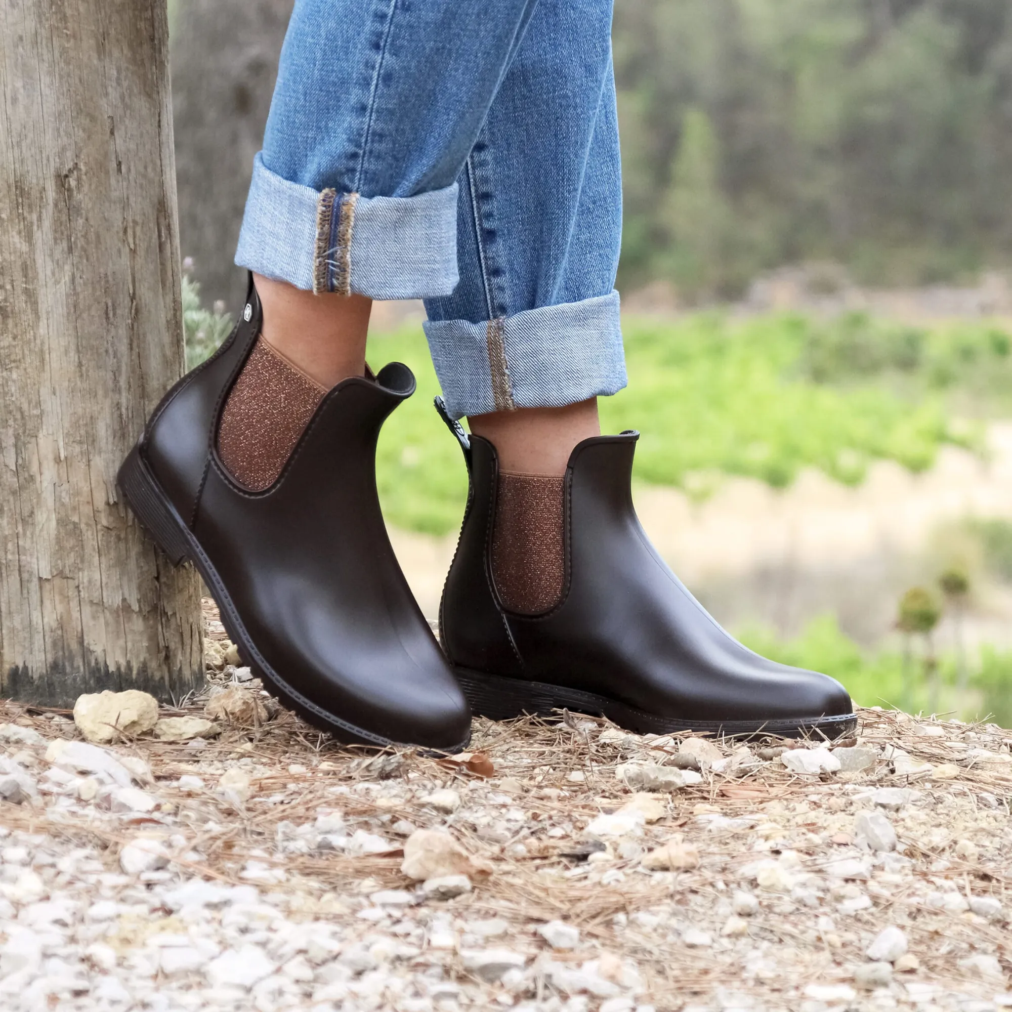 Cheap Bottines de pluie marron bronze Femme Bottines & Bottes
