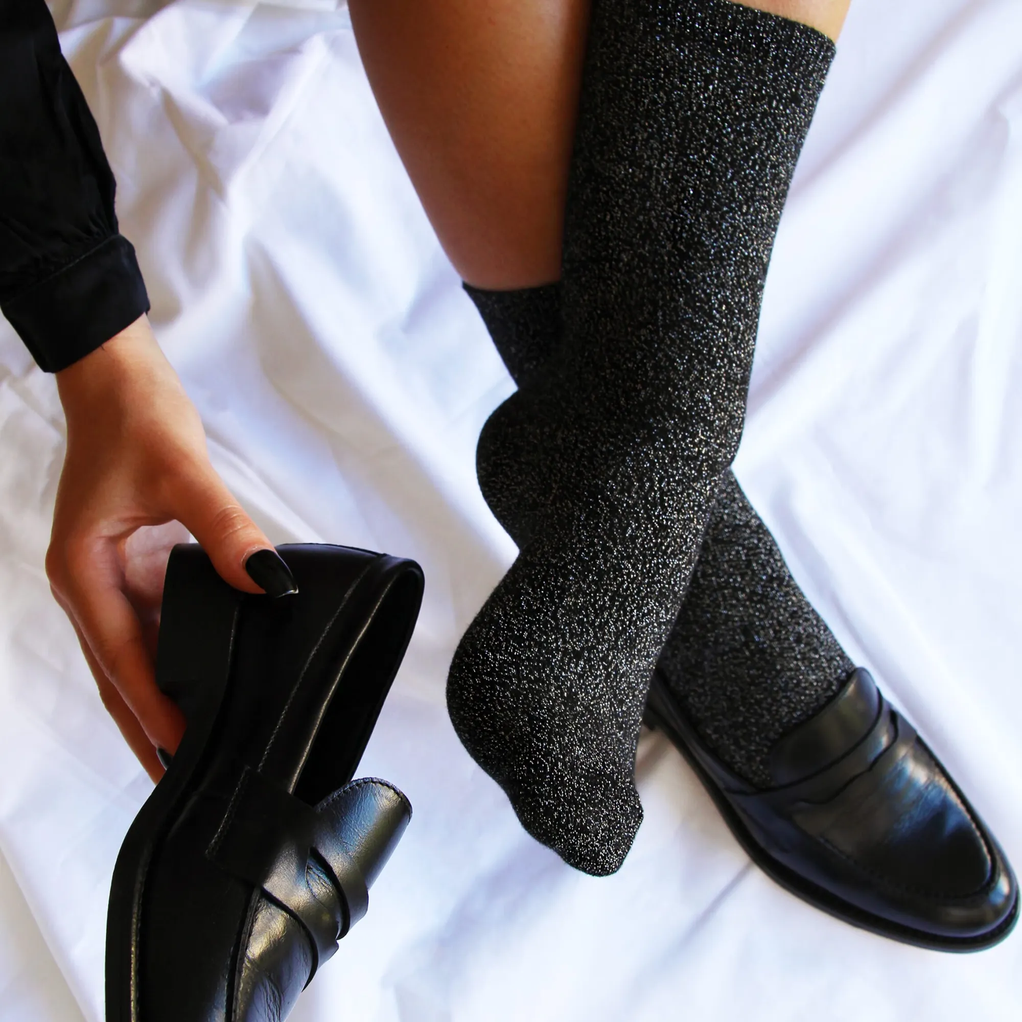 Shop Chaussettes lurex noir argenté Femme Chaussettes