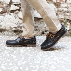Flash Sale Chaussures bateau crampons cuir bleu Homme Fins De Série Solidaires
