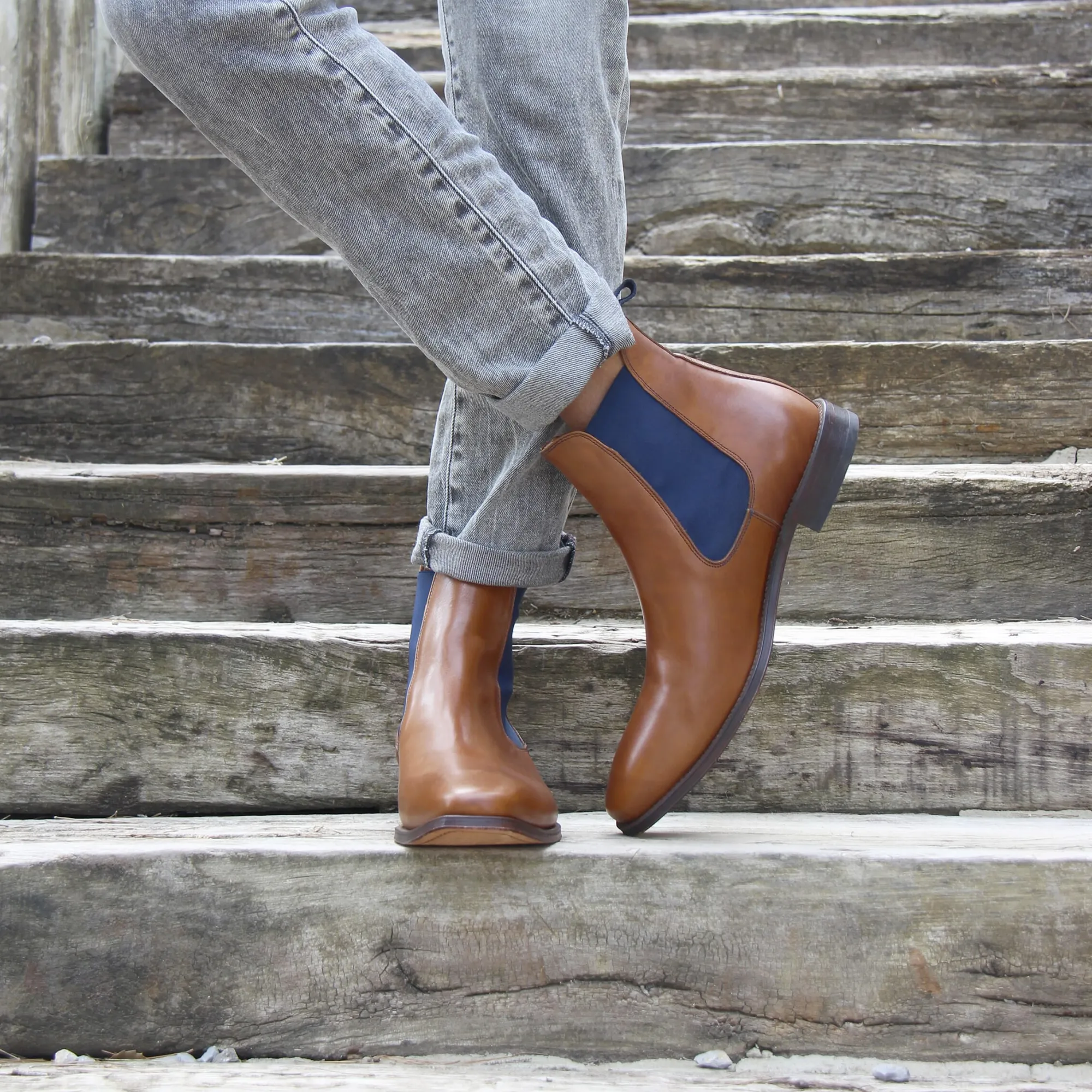 Outlet Chelsea boots cuir cognac bleu Homme Boots