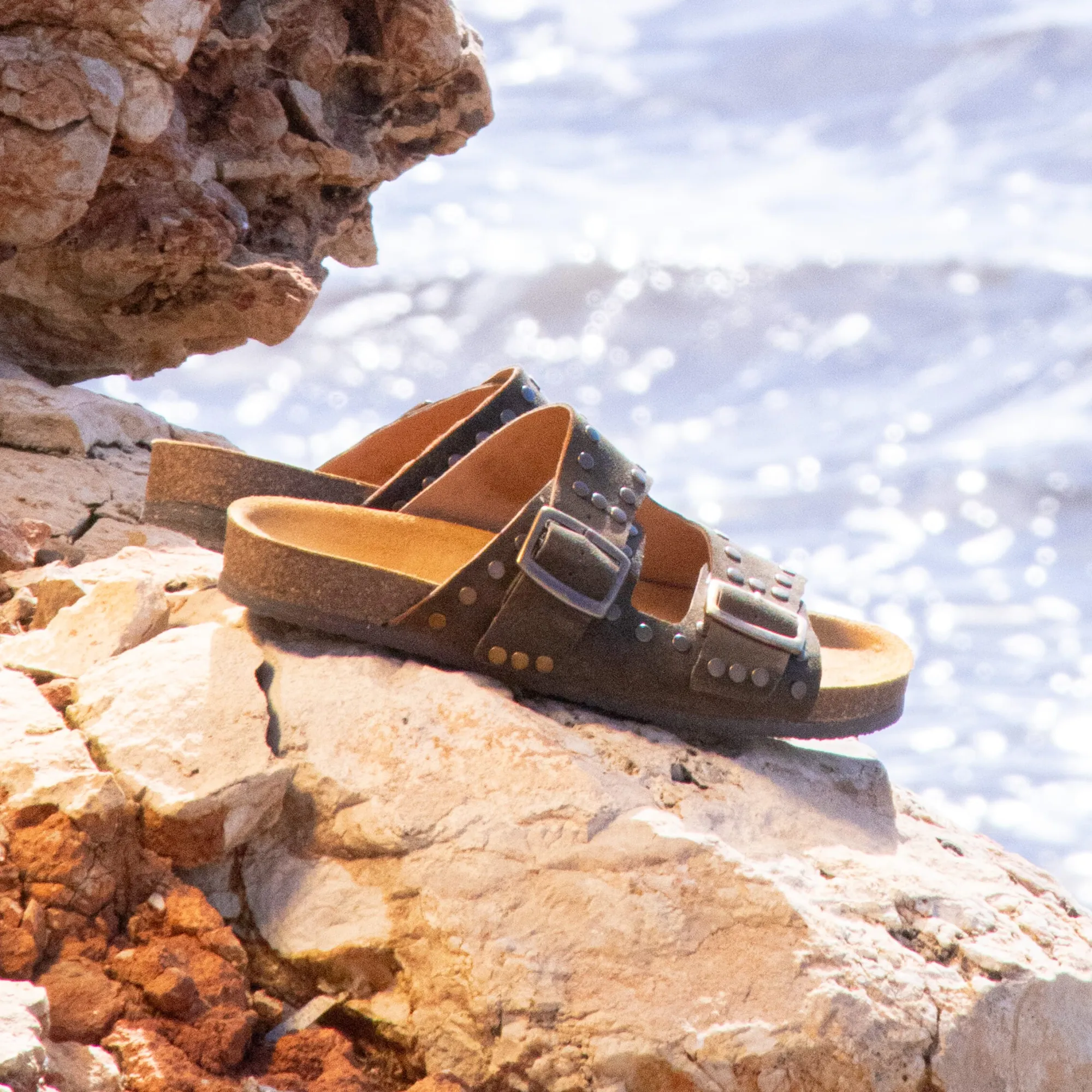 Best Mules liège clous cuir daim Femme Sandales