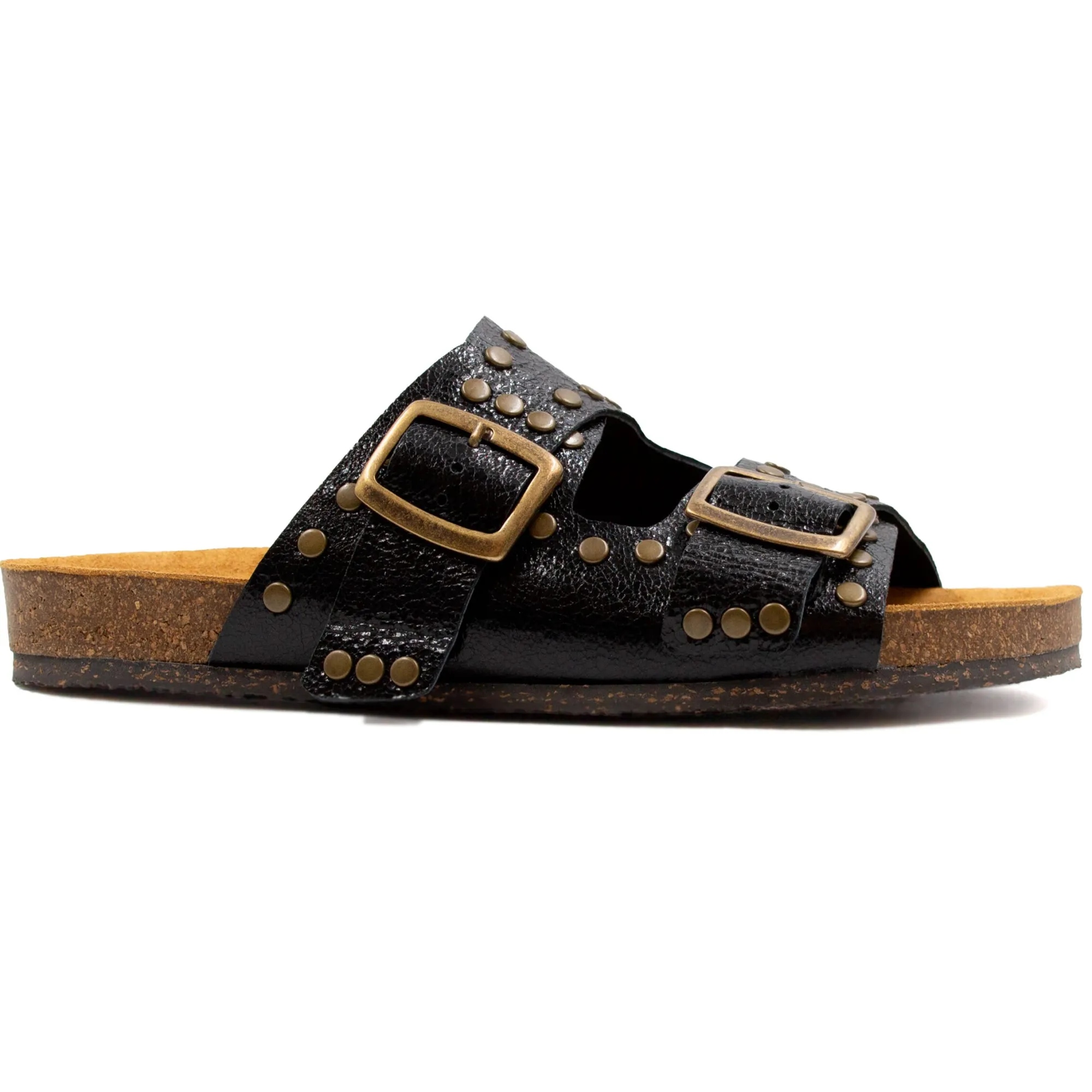 Best Sale Mules liège clous cuir métallisé noir Femme Sandales