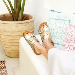 Cheap Mules liège clous cuir métallisé Femme Sandales