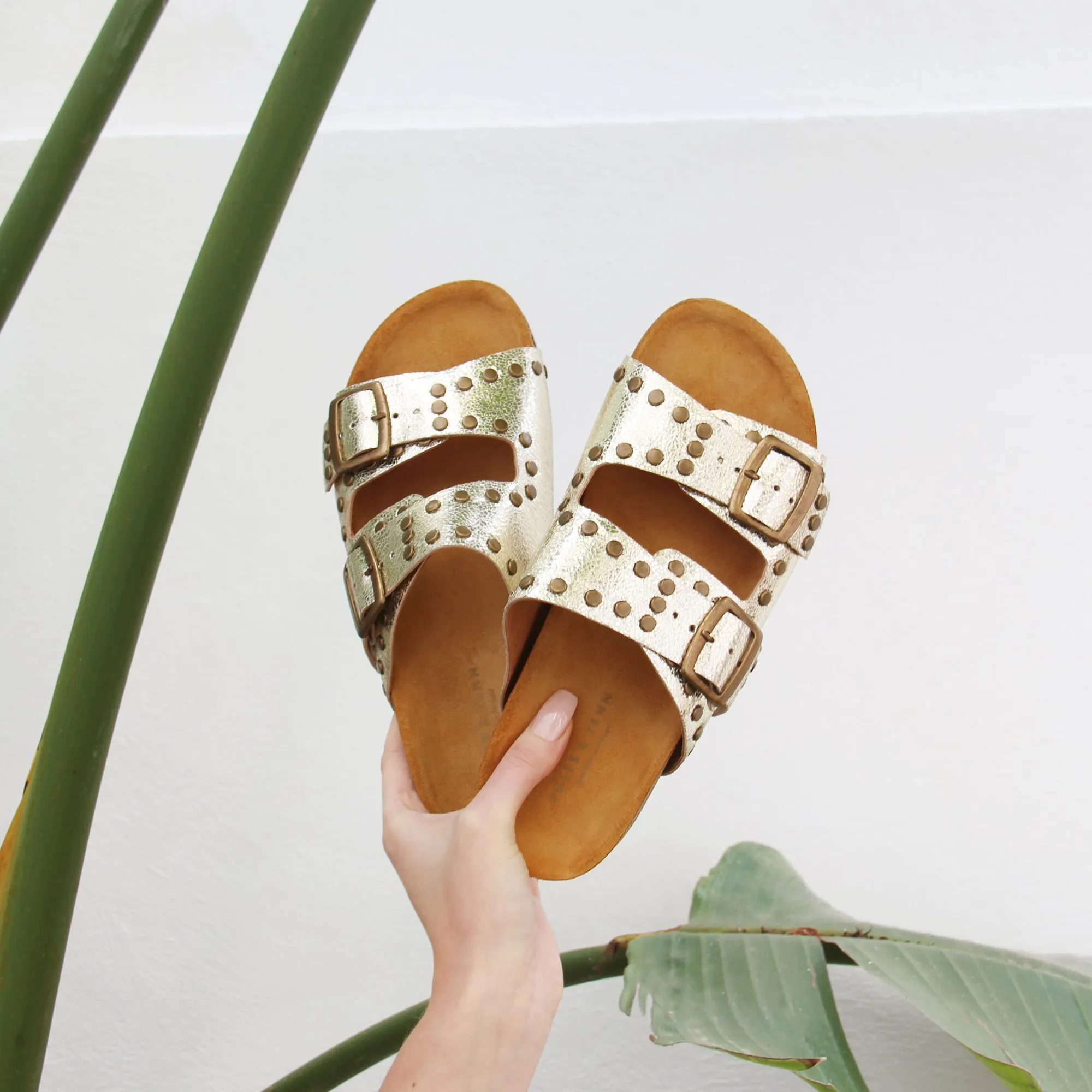 Cheap Mules liège clous cuir métallisé Femme Sandales
