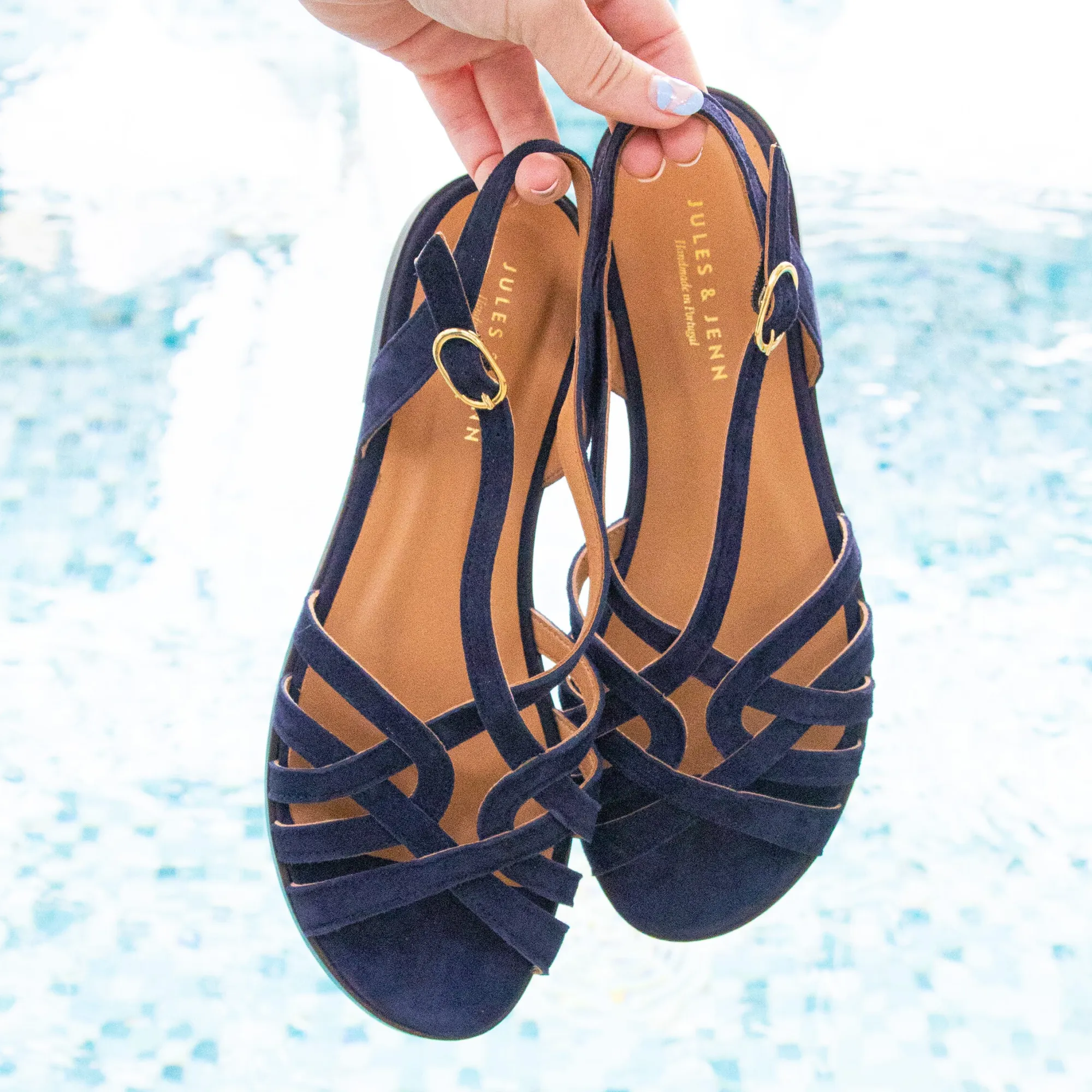 New Sandales plates brides cuir daim bleu Femme Sandales