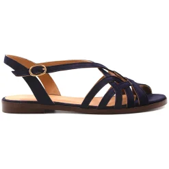New Sandales plates brides cuir daim bleu Femme Sandales