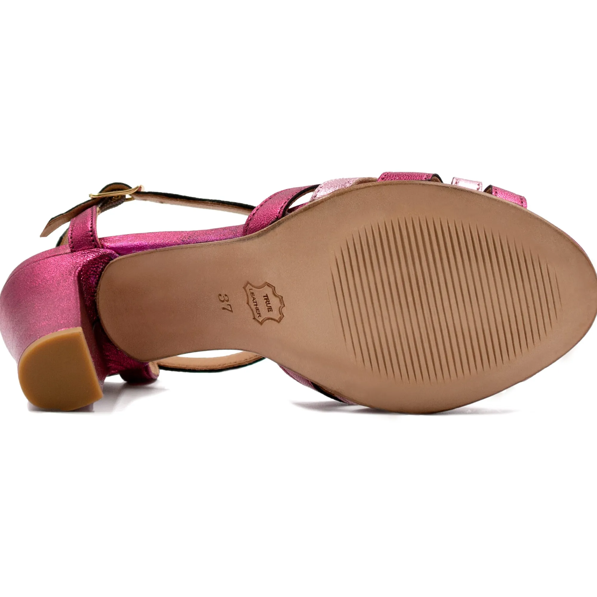 Discount Sandales talon brides cuir métallisé rose Femme Sandales