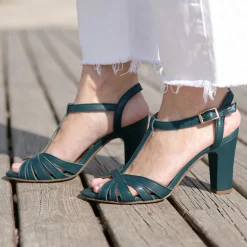 Best Sale Sandales talon brides cuir vert Femme Sandales